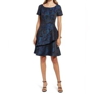 Shani Blue Asymmetrical Ruffle Jacquard Dress Short Sleeve Cocktail Dress 8 New
